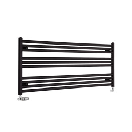 Grzejnik łazienkowy poziomy Intention w kolorze czarnym o wymiarach 60x150cm z zamontowanym zestawem zaworów termostatycznych Va