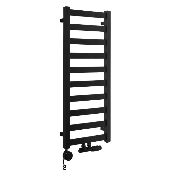 Grzejnik łazienkowy wodno-elektryczny Hati 972x400 czarny 300W, zawór Multiflow
