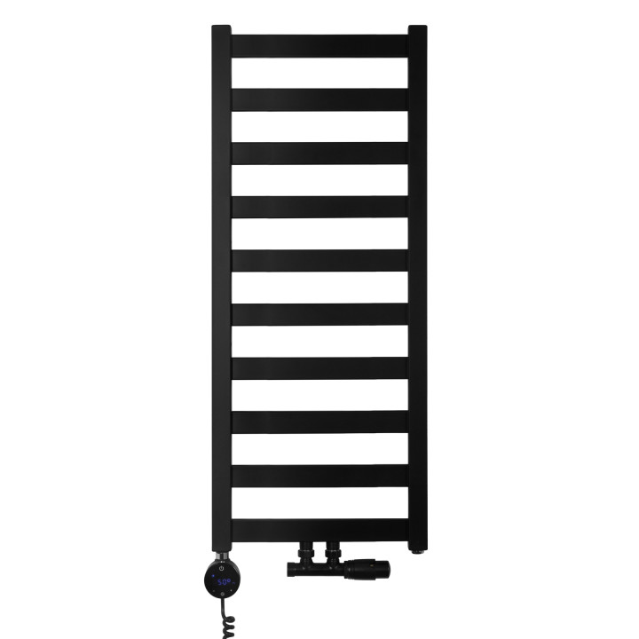 Grzejnik łazienkowy wodno-elektryczny Hati 972x400 czarny 300W, zawór Multiflow