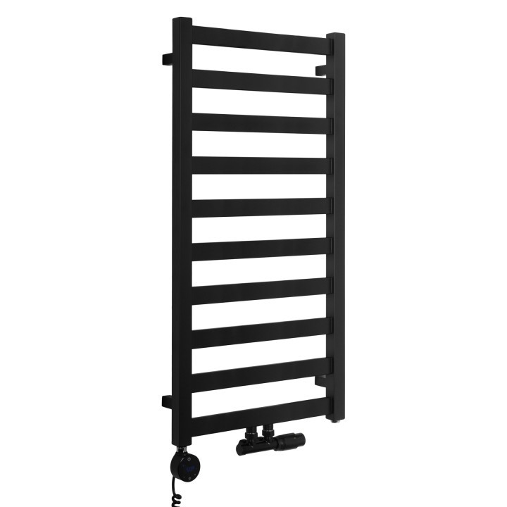 Grzejnik łazienkowy wodno-elektryczny Hati 972x500 czarny 400W, zawór Multiflow