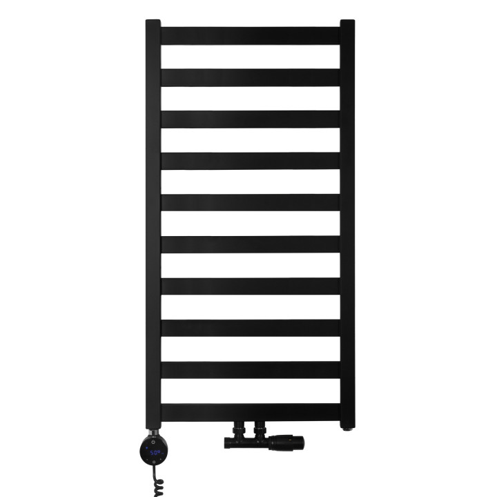 Grzejnik łazienkowy wodno-elektryczny Hati 972x500 czarny 400W, zawór Multiflow