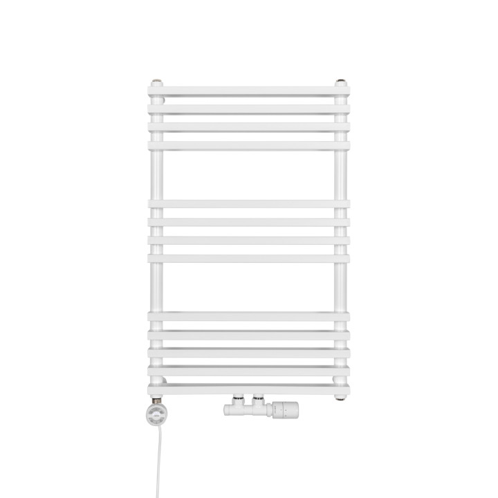 Grzejnik łazienkowy wodno-elektryczny Riva 800x500 biały 400W, zawór Multiflow