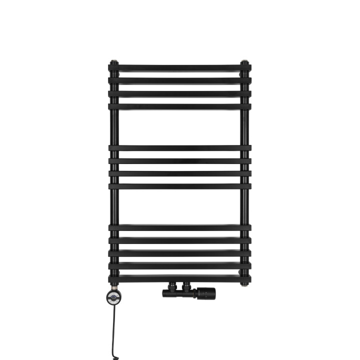 Grzejnik łazienkowy wodno-elektryczny Riva 800x500 czarny 400W, zawór Multiflow