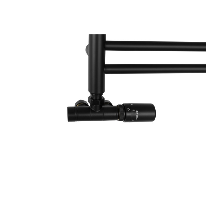 Grzejnik łazienkowy wodno-elektryczny Noemi 585x300 czarny SINGLE PIPE VALVE + TANGO