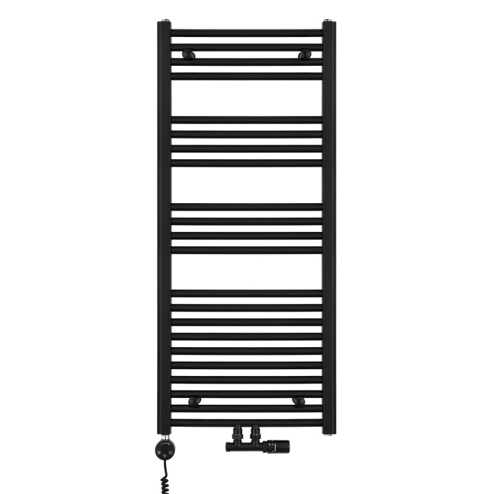 Grzejnik łazienkowy wodno-elektryczny Constans 1140x500 D50 czarny 600W, zawór Multiflow