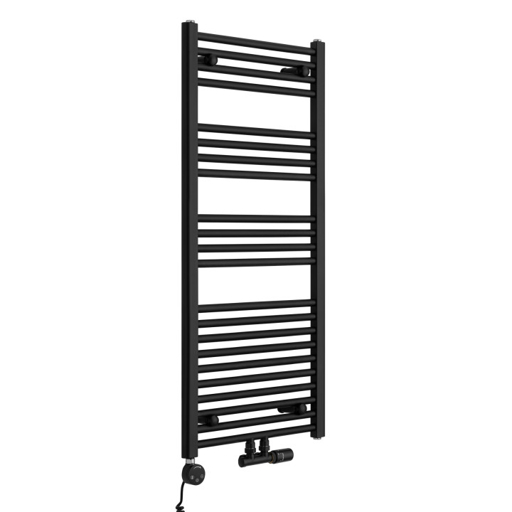 Grzejnik łazienkowy wodno-elektryczny Constans 1140x500 D50 czarny 600W, zawór Multiflow