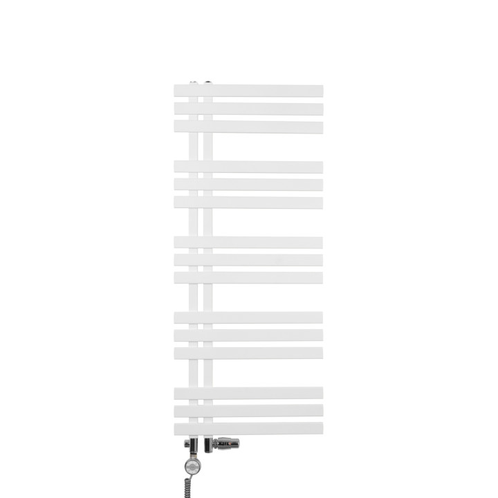 Grzejnik łazienkowy dekoracyjny Elche biały o wymiarach 120x50cm z zestawem termostatycznym Integra chrom oraz z grzałką Terma M