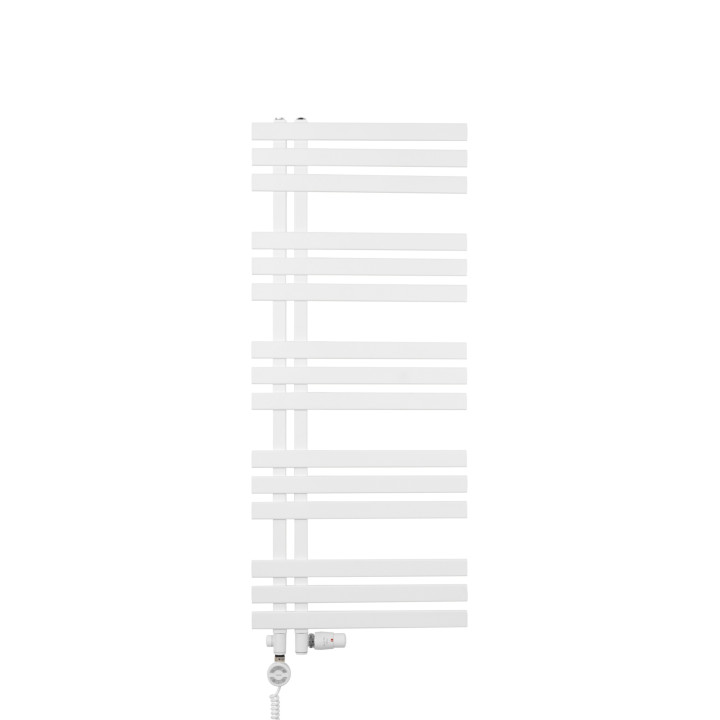 Grzejnik łazienkowy dekoracyjny Elche biały o wymiarach 120x50cm z zestawem termostatycznym Integra biała oraz z grzałką Terma M